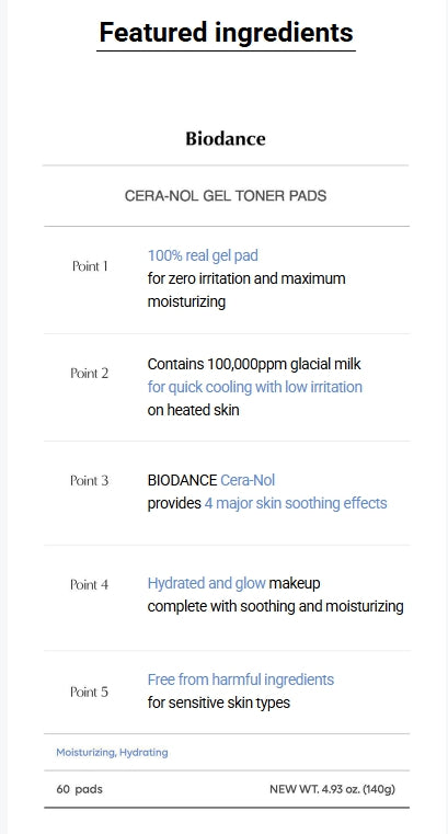 [BIODANCE] Hydro Cera-nol Gel Toner Pads – Cooling & Moisture Balance Care | 60P + 4P Set