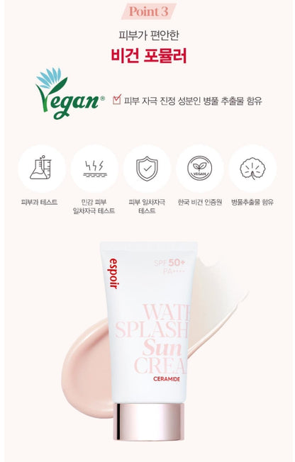 [espoir] Water Splash Sun Cream Ceramide Set – Hydrating Vegan Formula SPF50+ PA++++ | 60ml + 20ml Foam