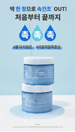 [WELLAGE] Real Hyaluronic Blue Toner Pads Hydrating Smooth Finish 70 Pads (+ One-Day Kit)