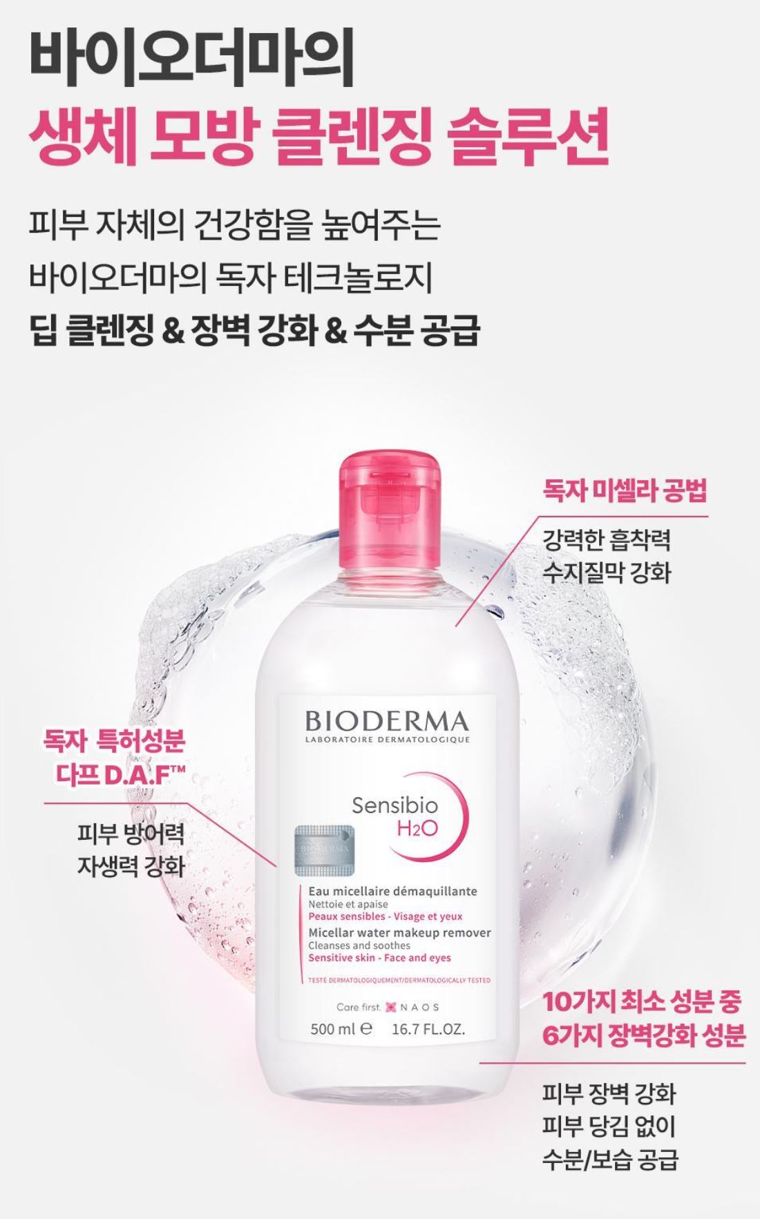 [BIODERMA] Sensibio H2O Micellar Cleansing Water - Gentle, Refreshing Makeup Remover | 500ml x 2