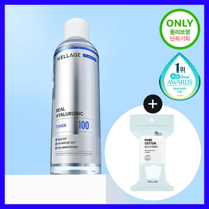 [WELLAGE] Real Hyaluronic 100 Toner Hydrating Watery Finish 300ml + 60 Cotton Pads by Olive Young