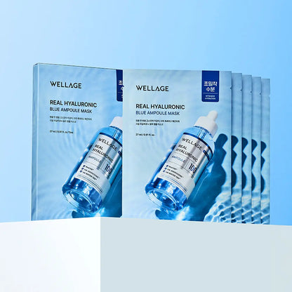 [WELLAGE] Real Hyaluronic Blue Ampoule Mask Hydrating Glow Finish 5 Sheets