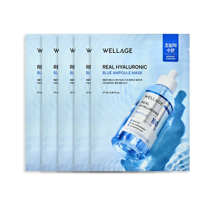 [WELLAGE] Real Hyaluronic Blue Ampoule Mask Hydrating Glow Finish 5 Sheets