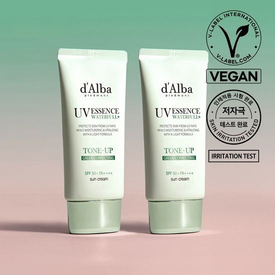 [d’Alba] UV Essence Waterfull Tone-Up Sun Cream Green Correcting Duo | 50ml + 50ml | SPF 50+ PA++++ Vegan Soothing Sunscreen