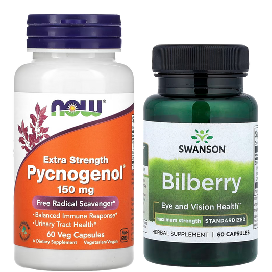 [NOW Foods + Swanson] Pycnogenol 150mg & Bilberry 250mg Set | Dietary Supplement | 60 + 60 Capsules | GlowLab