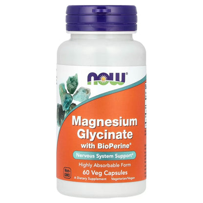 [NOW Foods] Magnesium Glycinate with BioPerine | Premium Magnesium Formula | 60 Veg Capsules | GlowLab