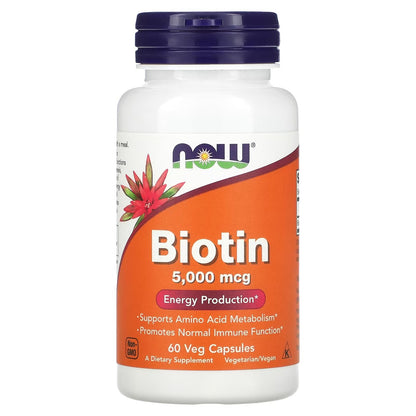 [NOW Foods] Biotin 10mg / 1000mcg / 5000mcg | Vegan Dietary Supplement | 60–120 Veg Capsules | GlowLab