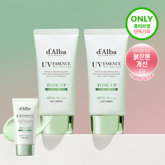 [d’Alba] UV Essence Waterfull Tone-Up Sun Cream Green Correcting Duo | 50ml + 50ml | SPF 50+ PA++++ Vegan Soothing Sunscreen