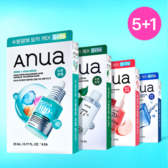 [Anua] Facial Mask 4 Types (Heartleaf / PDRN / Peach / Catechin) – 5 Sheets + 1 Bonus Sheet