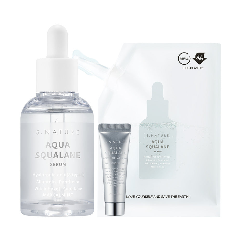 [S.NATURE] Aqua Squalane Serum Refill Set – Lightweight Hydrating Finish (50 ml Refill + 10 ml Cream)